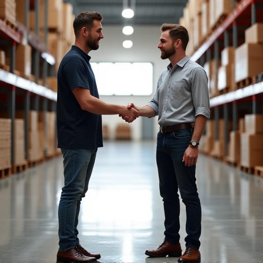 A client and a team lead shaking hands on a sparkling clean warehouse floor, signifying successful project completion.