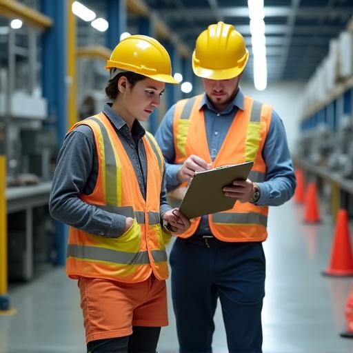 A project manager with a clipboard inspecting a factory floor, meticulously noting details for the cleaning plan.