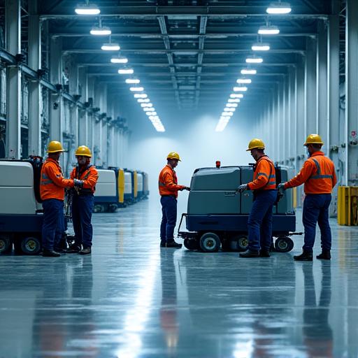 A dedicated team from Industrial Cleaning working efficiently with state-of-the-art equipment in a large industrial setting.